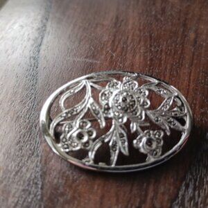 VINTAGE STERLING SILVER OVAL ART DECO BROOCH W/MARCACITE